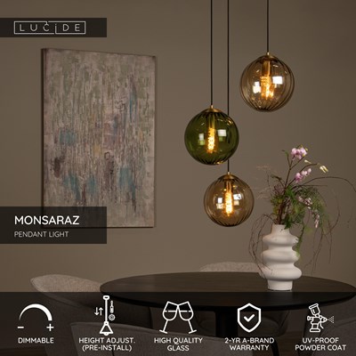 Lucide MONSARAZ - Pendant light - Ø 35 cm - 3xE27 - Green